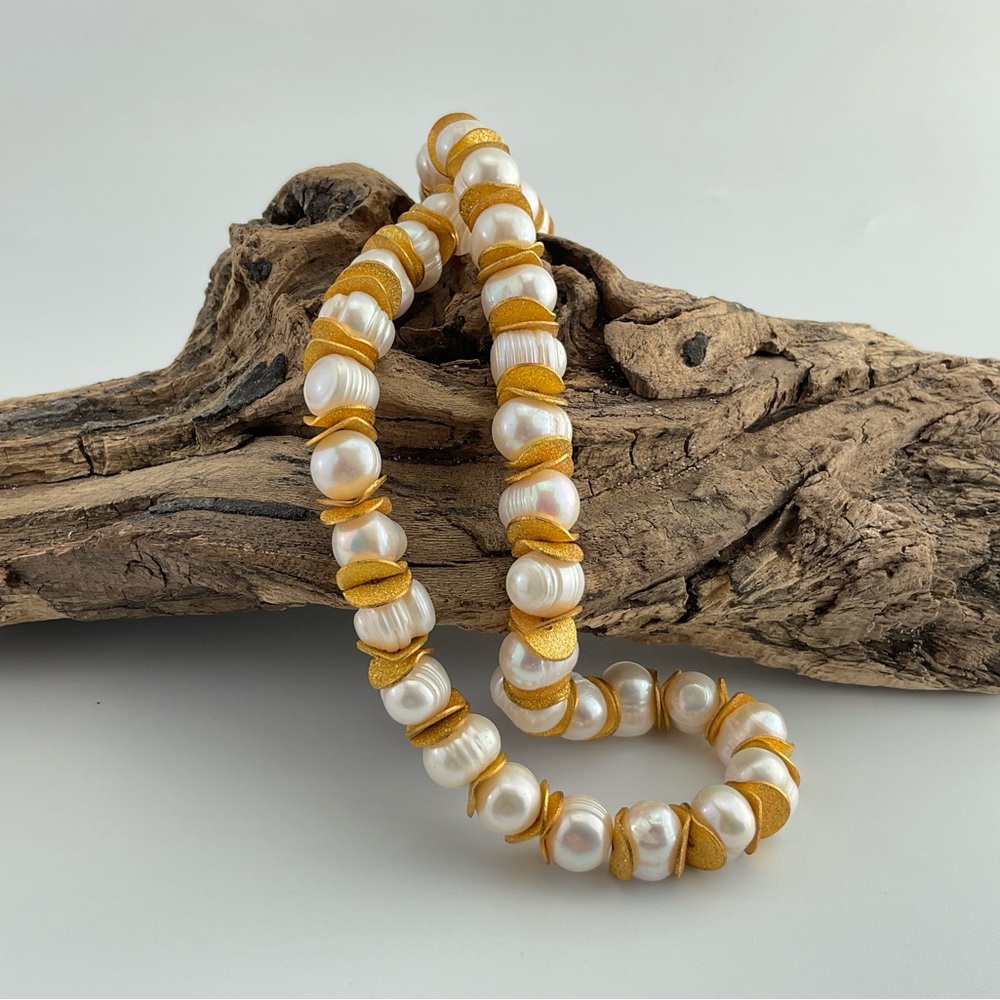 Chunky, White Baroque Pearl & Sparkle Gold Necklace, Fresh Water Pearls, Baroque - Picture 3 of 12